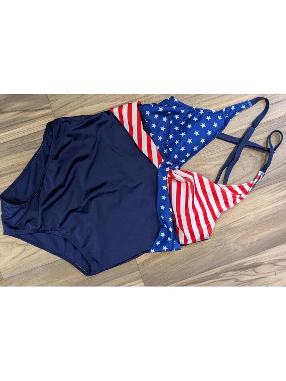 Patriotic One-Piece Swimsuit with American Flag Design - Large